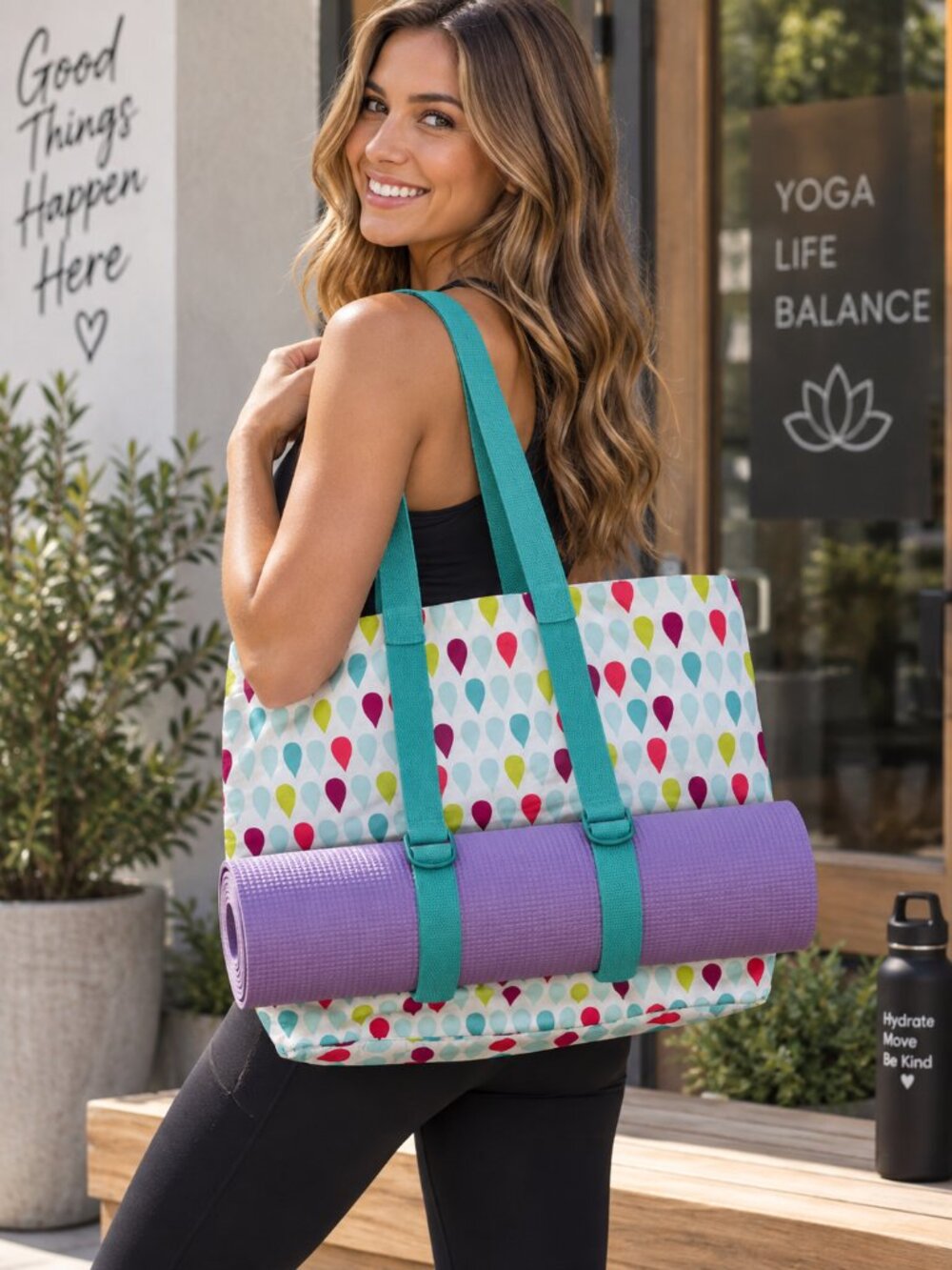 Yoga Tote with multi-colored raindrop pattern and bright turquoise straps